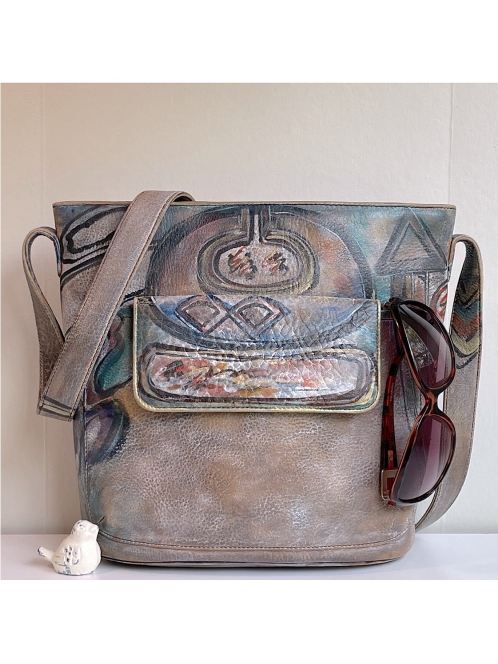 Jane Yoo Wearable Art Handpainted Leather Shoulder Bag
